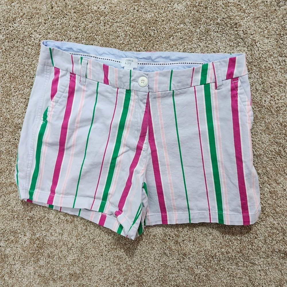 Crown & Ivy Shorts Caroline Pink Green Striped Cotton Preppy Size 12